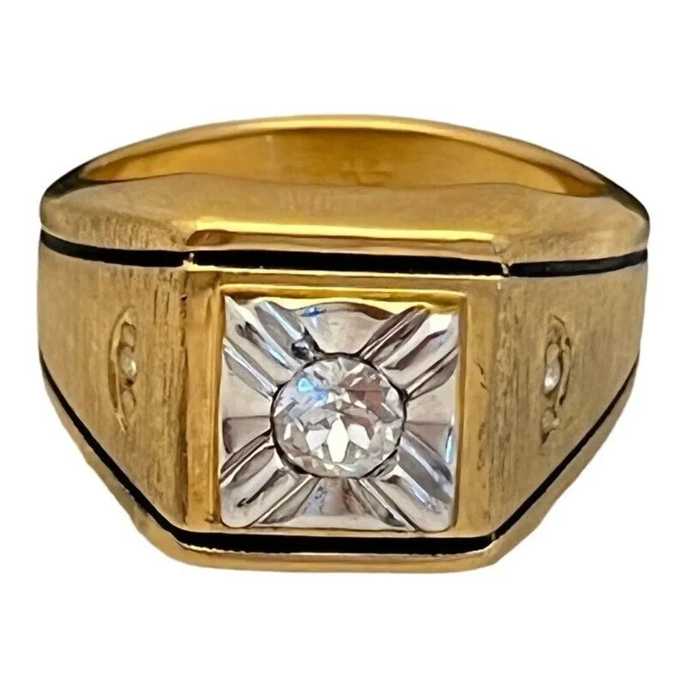 Vintage 1970s Ring Size 12 Uncas CZ Square Bezel Textured Gold Plated - 14O